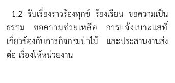  1.2 รับเรื่องราวร้องทุกข์ ร้องเรียน ขอความเป็นธรรม ขอความช่วยเหลือ การแจ้งเบาะแสที่เกี่ยวข้องกับภารกิจกรมป่าไม้ และประสานงานส่งต่อ เรื่องให้หน่วยงาน